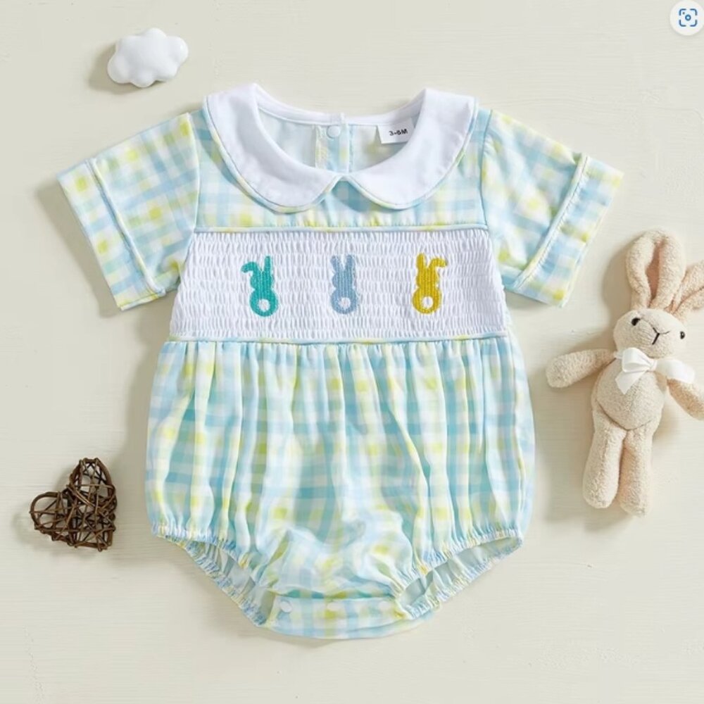 Easter Bunny Rabbit Embroidered Smocked Baby Boys Romper Jumpsuit